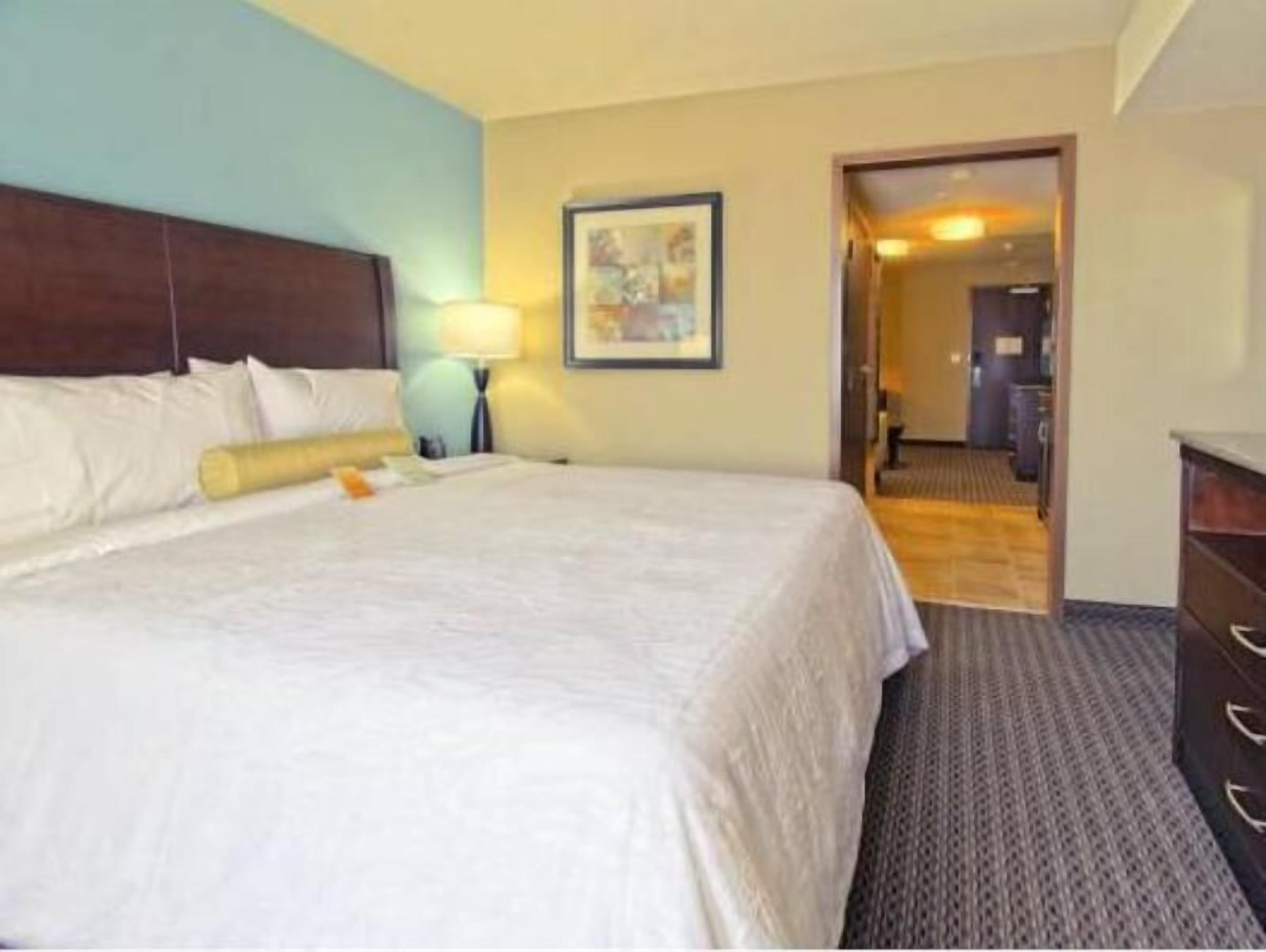 Down comforters, desk, laptop workspace, blackout drapes