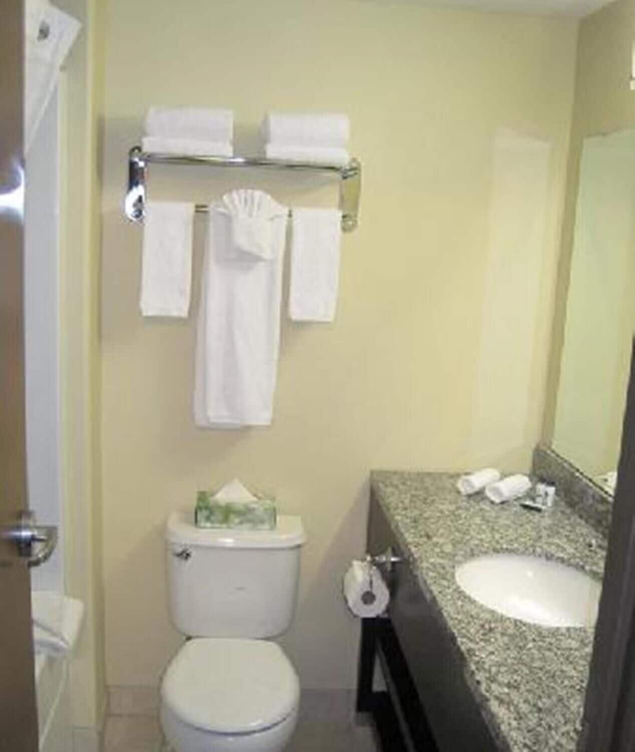 A small bathroom with a toilet, sink, and a mirror. There are two white towels hanging on a rack above the toilet.