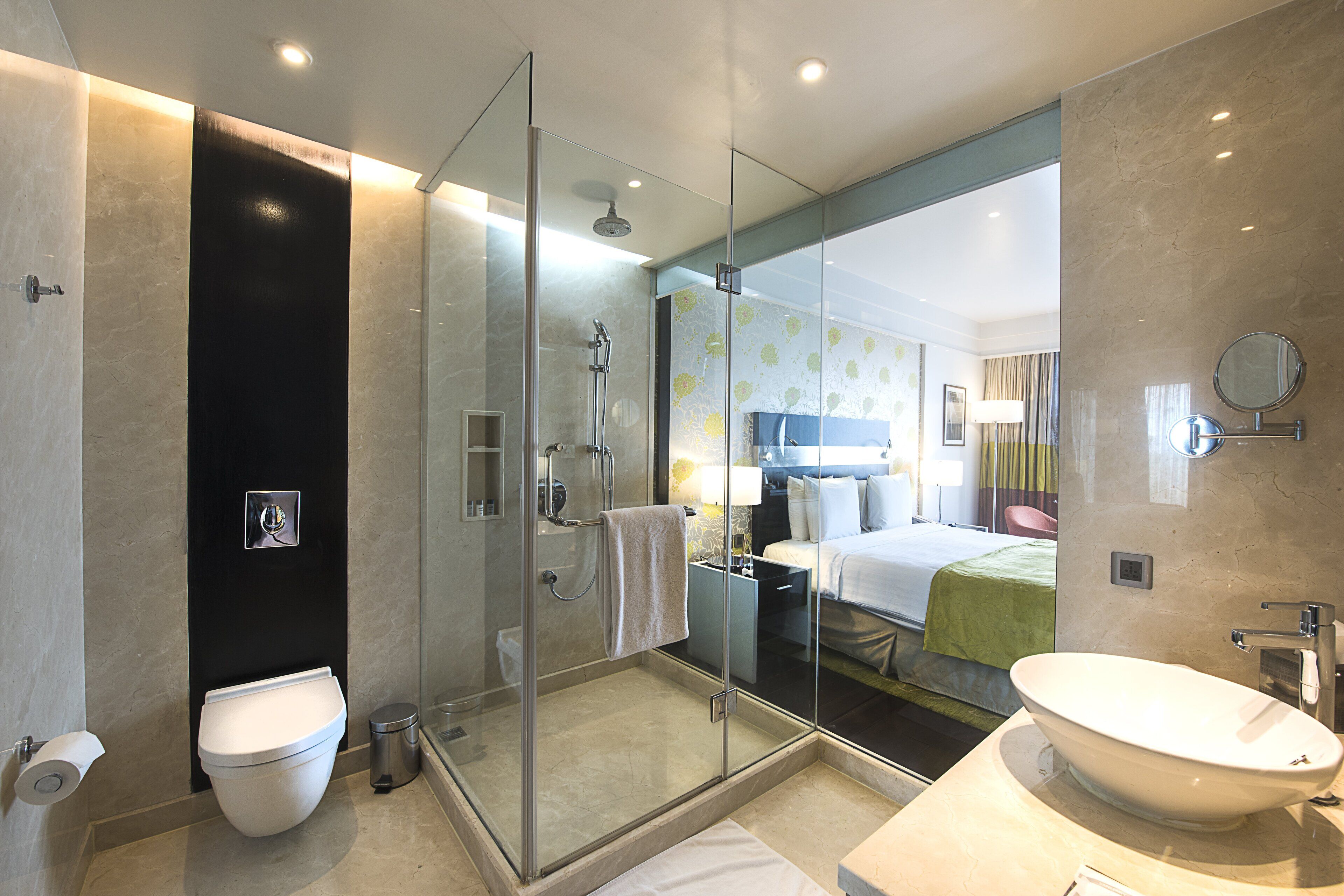 separate bathtub and shower, deep-soaking bathtub, rainfall showerhead