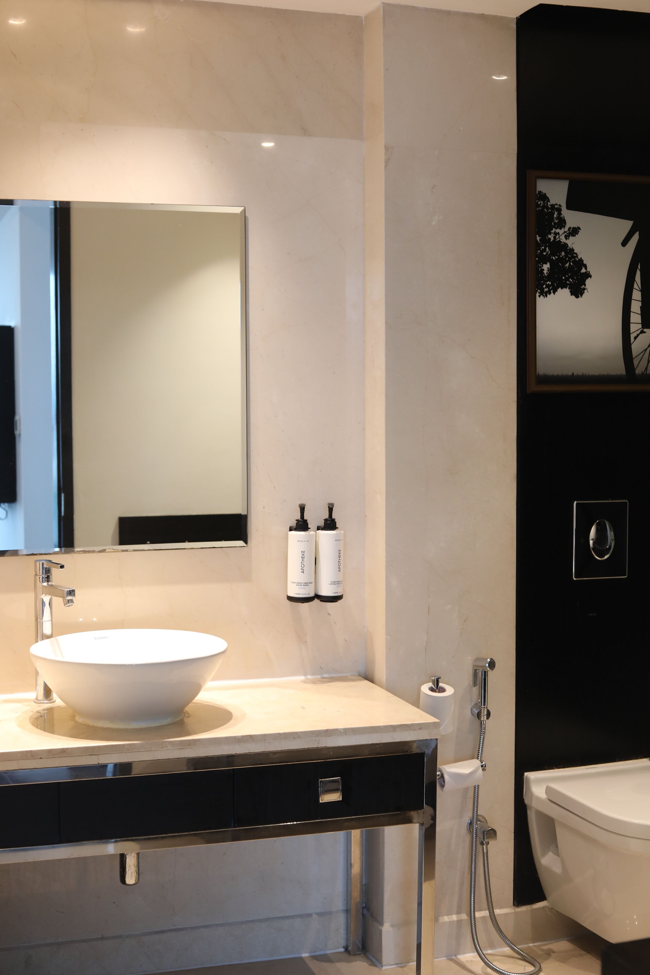 Ein modernes Badezimmer mit einem großen weißen Waschbecken, einem Spiegel, zwei Lotionflaschen, einer Toilette und einer Dusche.