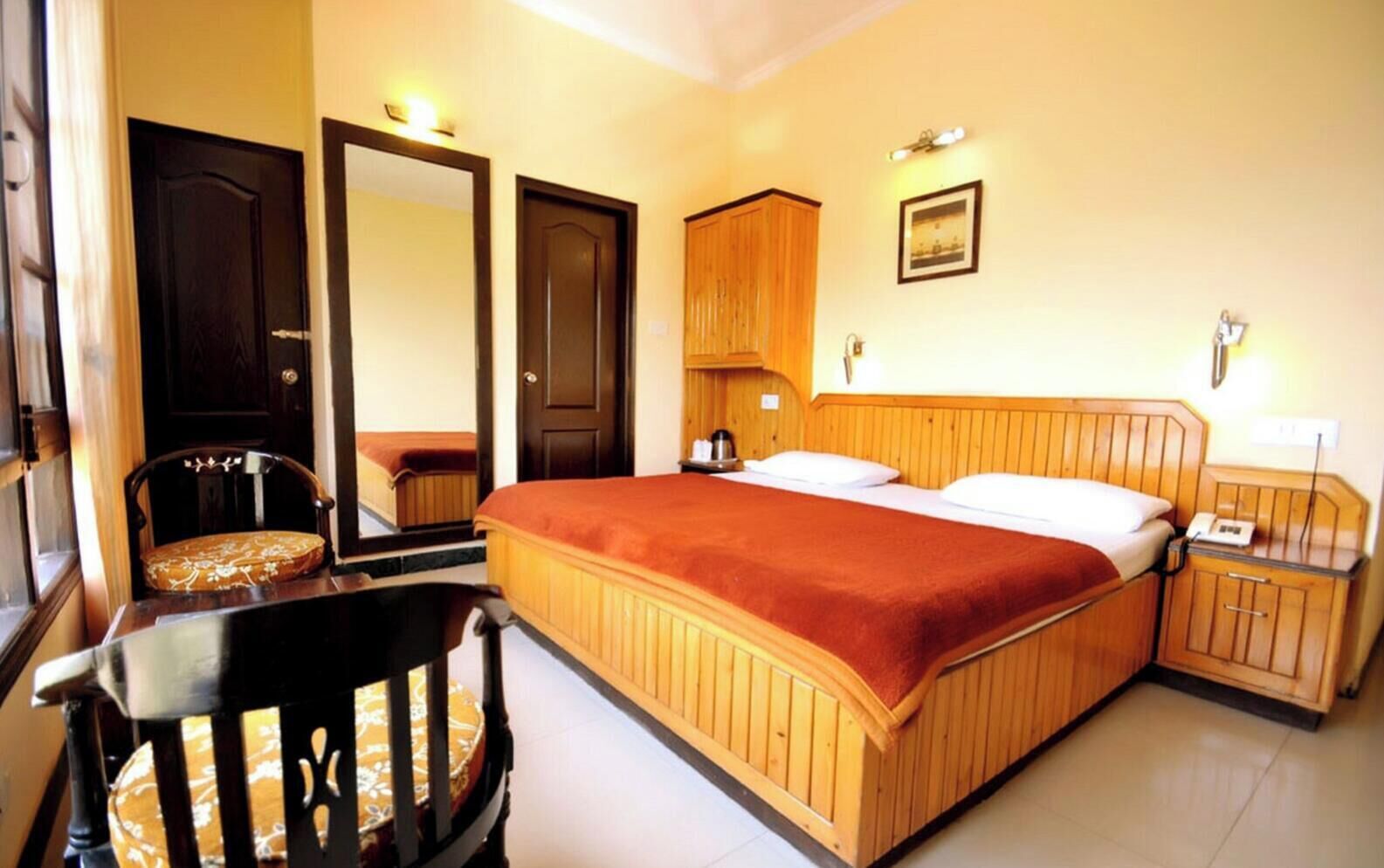 Premium bedding, desk, laptop workspace, blackout curtains