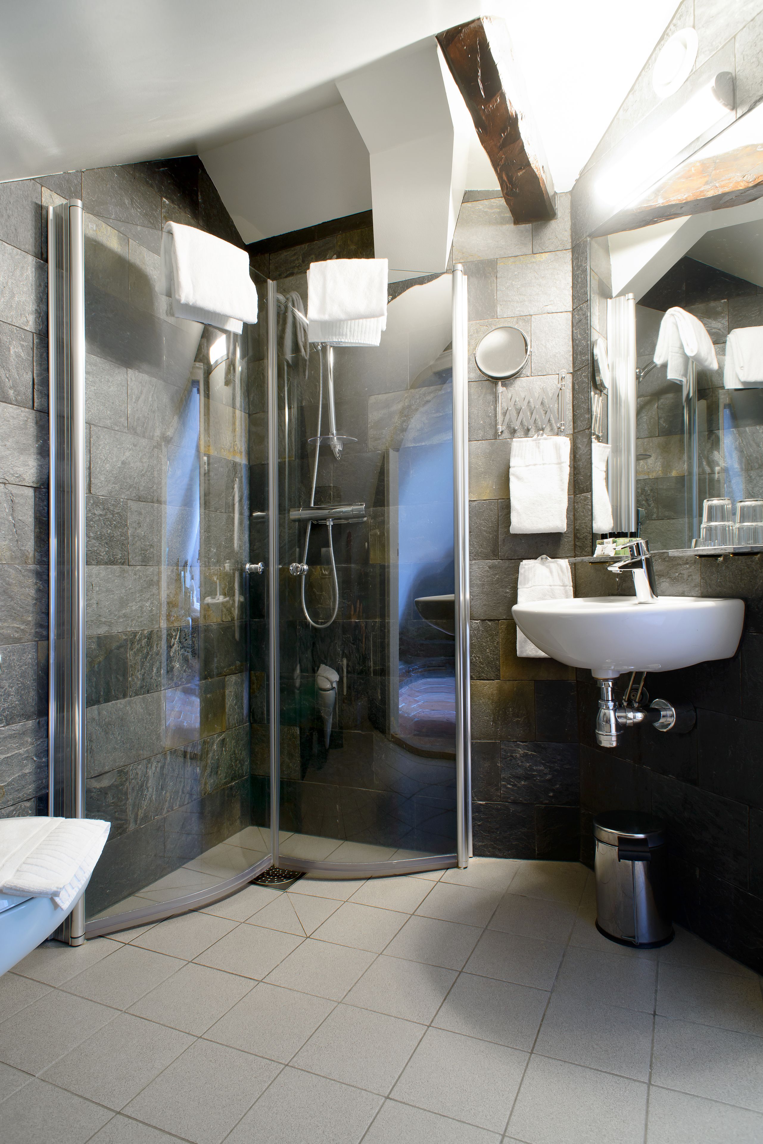 standard double or twin room | bathroom | shower, hair dryer, slippers, towels