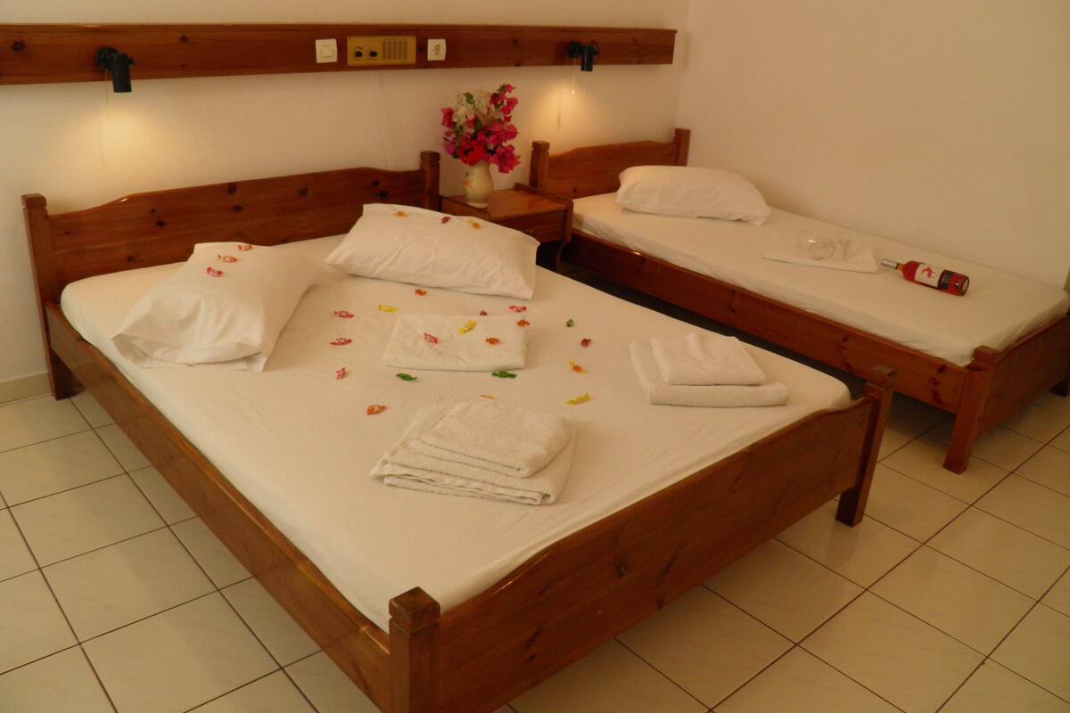 Quarto duplo com duas camas de madeira, cada uma com lençóis e almofadas brancas, uma mesa de cabeceira com um vaso de flores e uma prateleira na parede com um rádio.