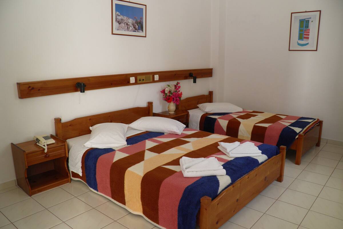 Quarto de hotel com duas camas de madeira, uma mesa de cabeceira com telefone e um quadro na parede.