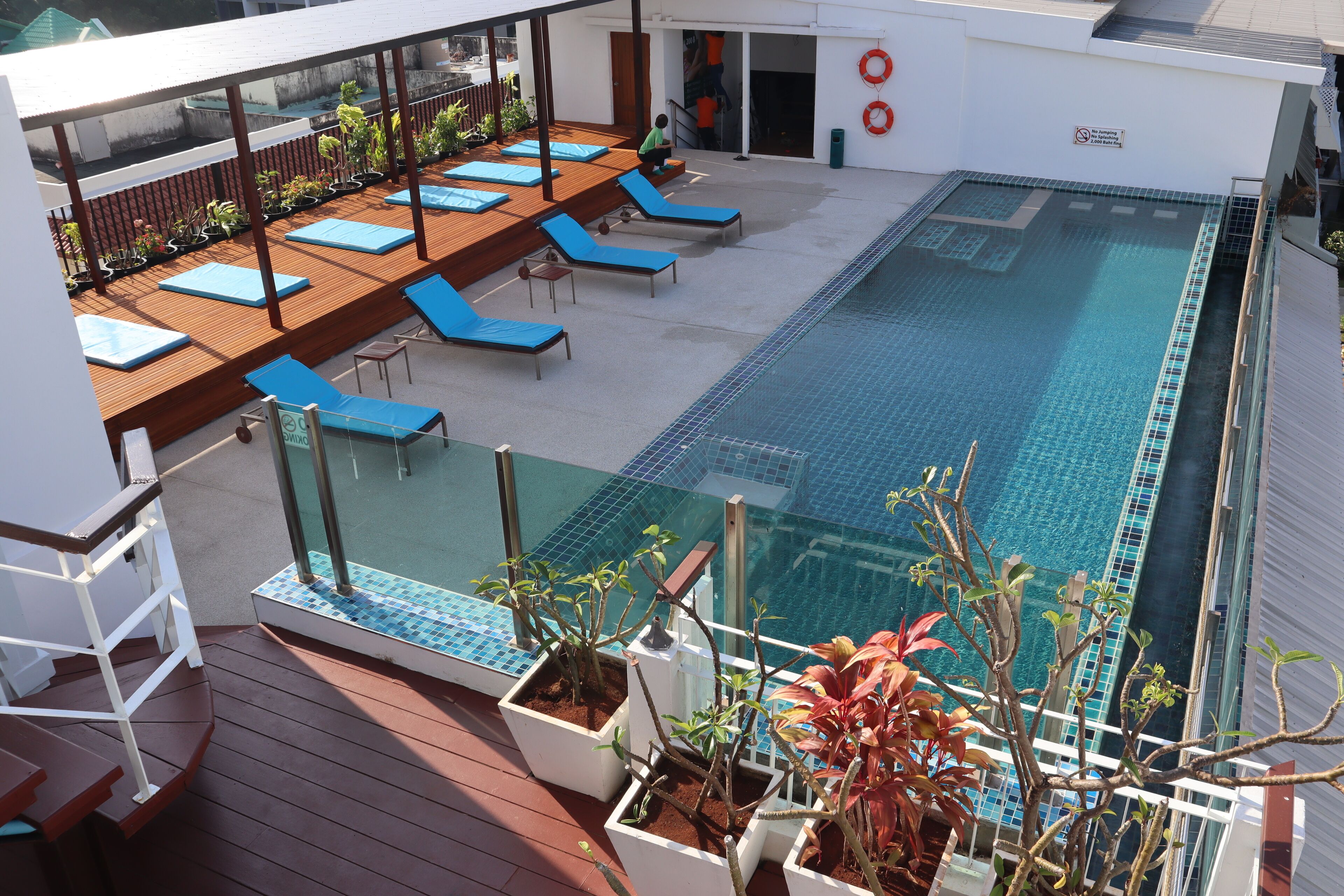 Un área de piscina en la azotea con sillones, una terraza de madera y plantas en macetas.