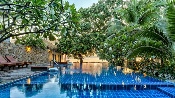 Un espace piscine agrémenté de chaises longues, d’un mur en pierre et d’une végétation tropicale.