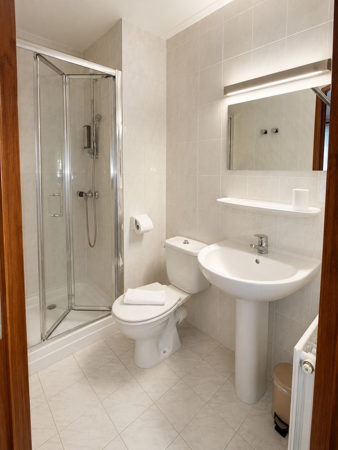 A bathroom with a glass shower enclosure, a toilet, a sink, and a mirror.