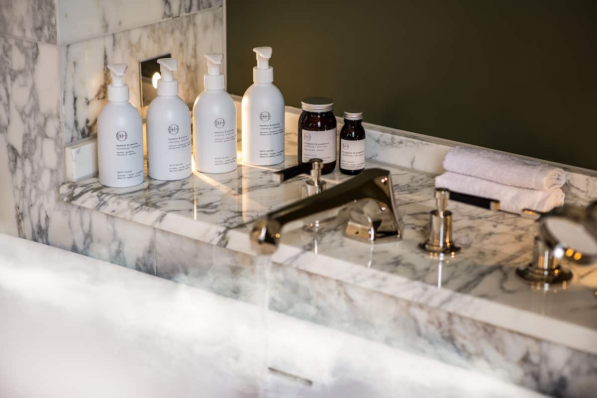 free toiletries, hair dryer, towels