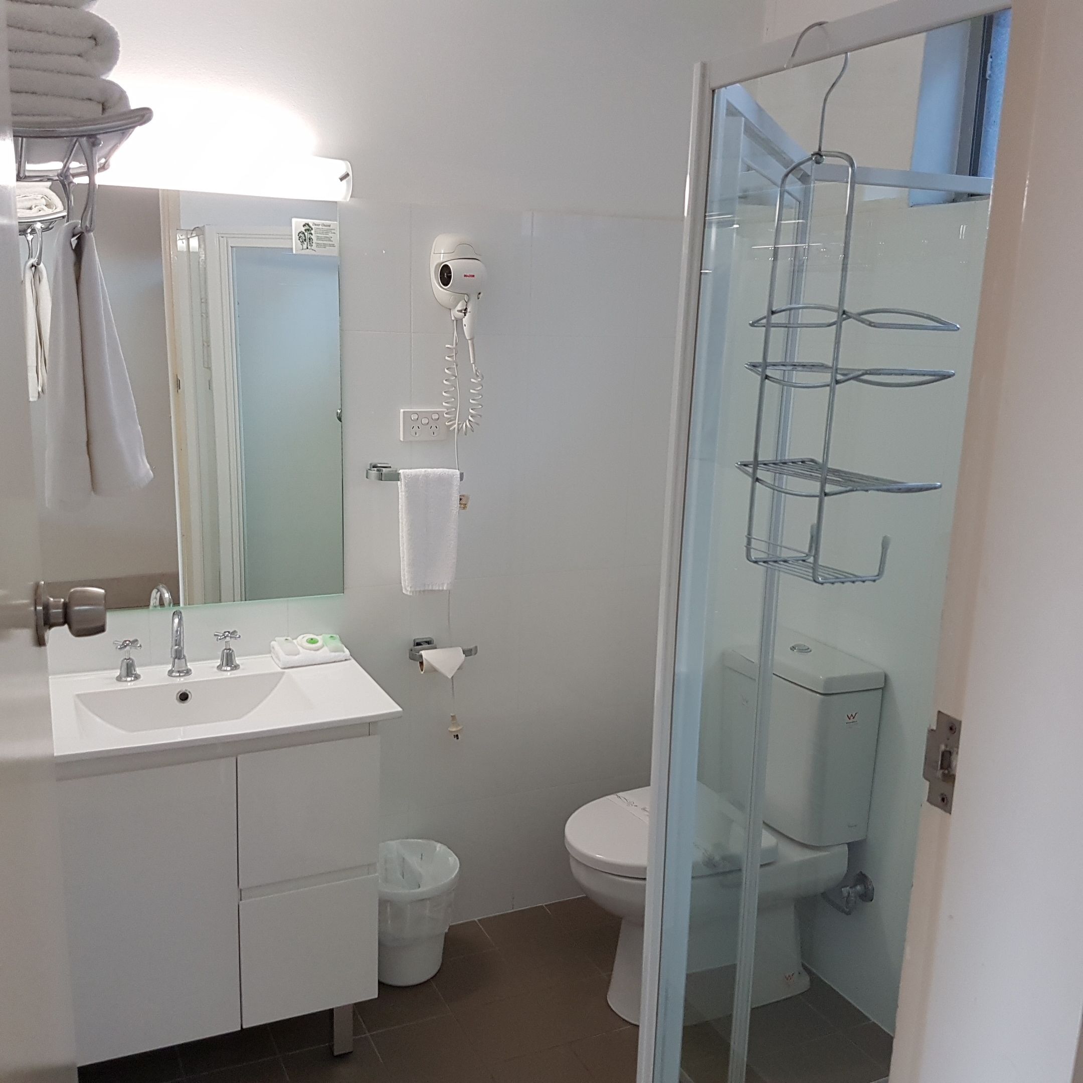 Shower, free toiletries, hair dryer, towels