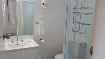 Shower, free toiletries, hair dryer, towels