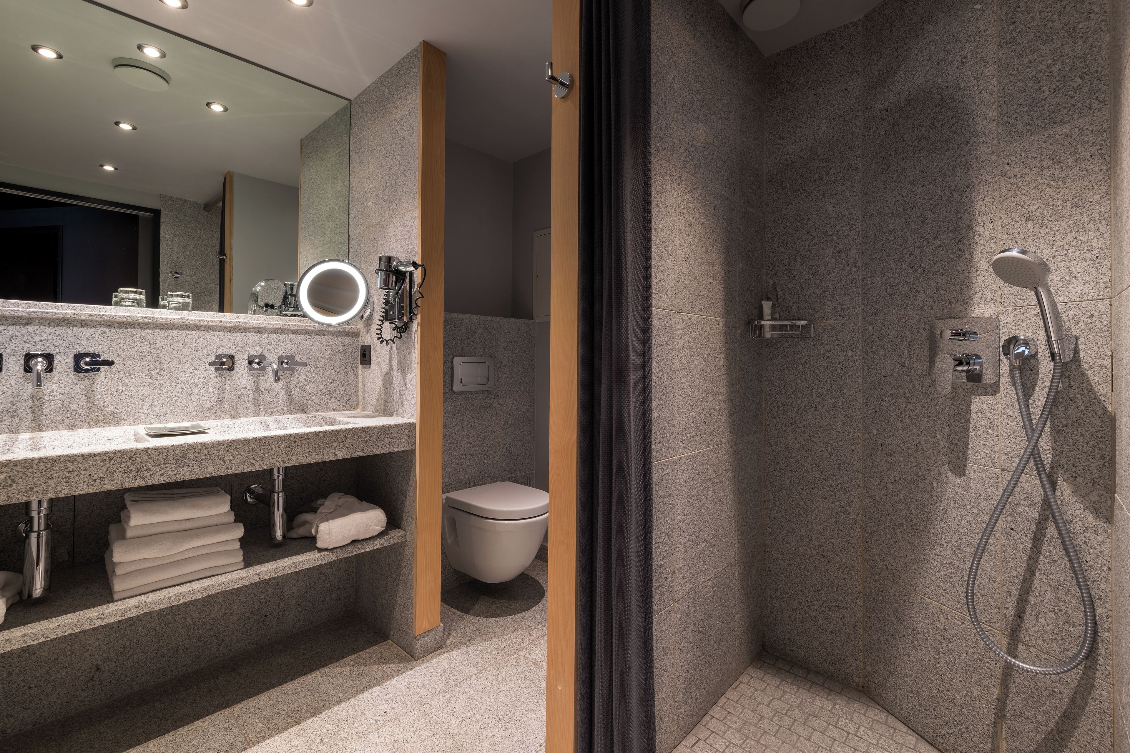 separate bathtub and shower, designer toiletries, hair dryer, bathrobes