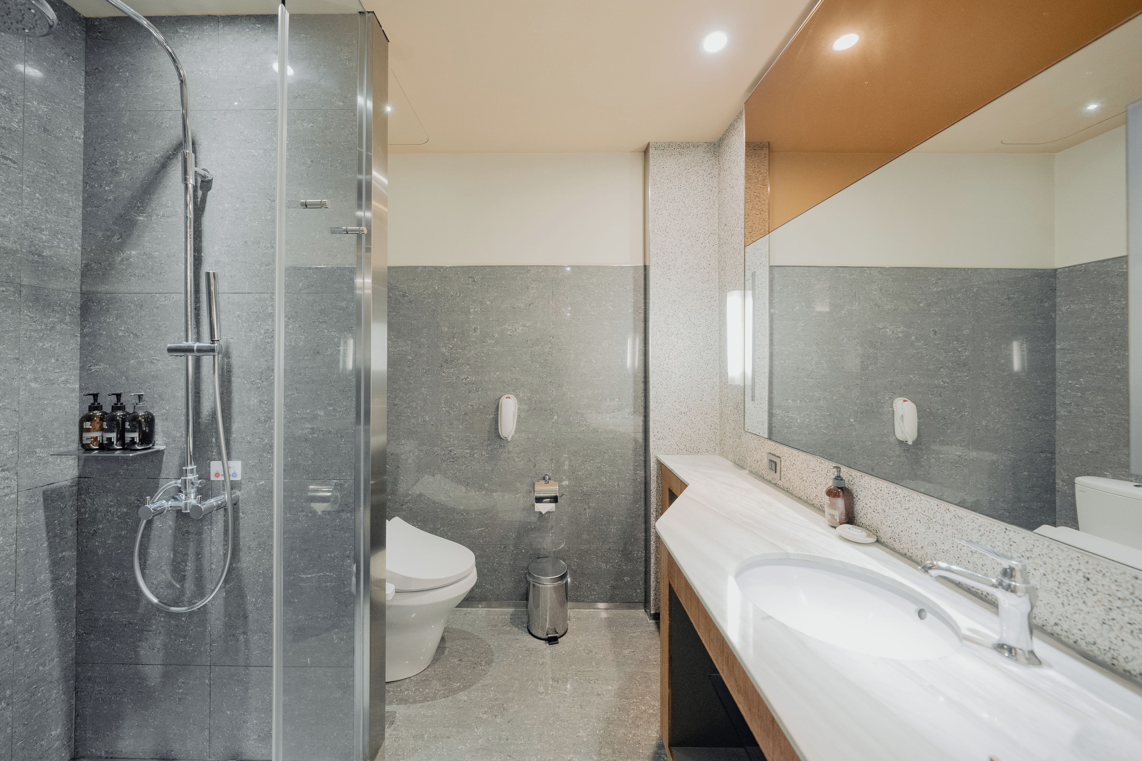 A modern bathroom with a glass-enclosed shower, a white toilet, and a vanity with a mirror.