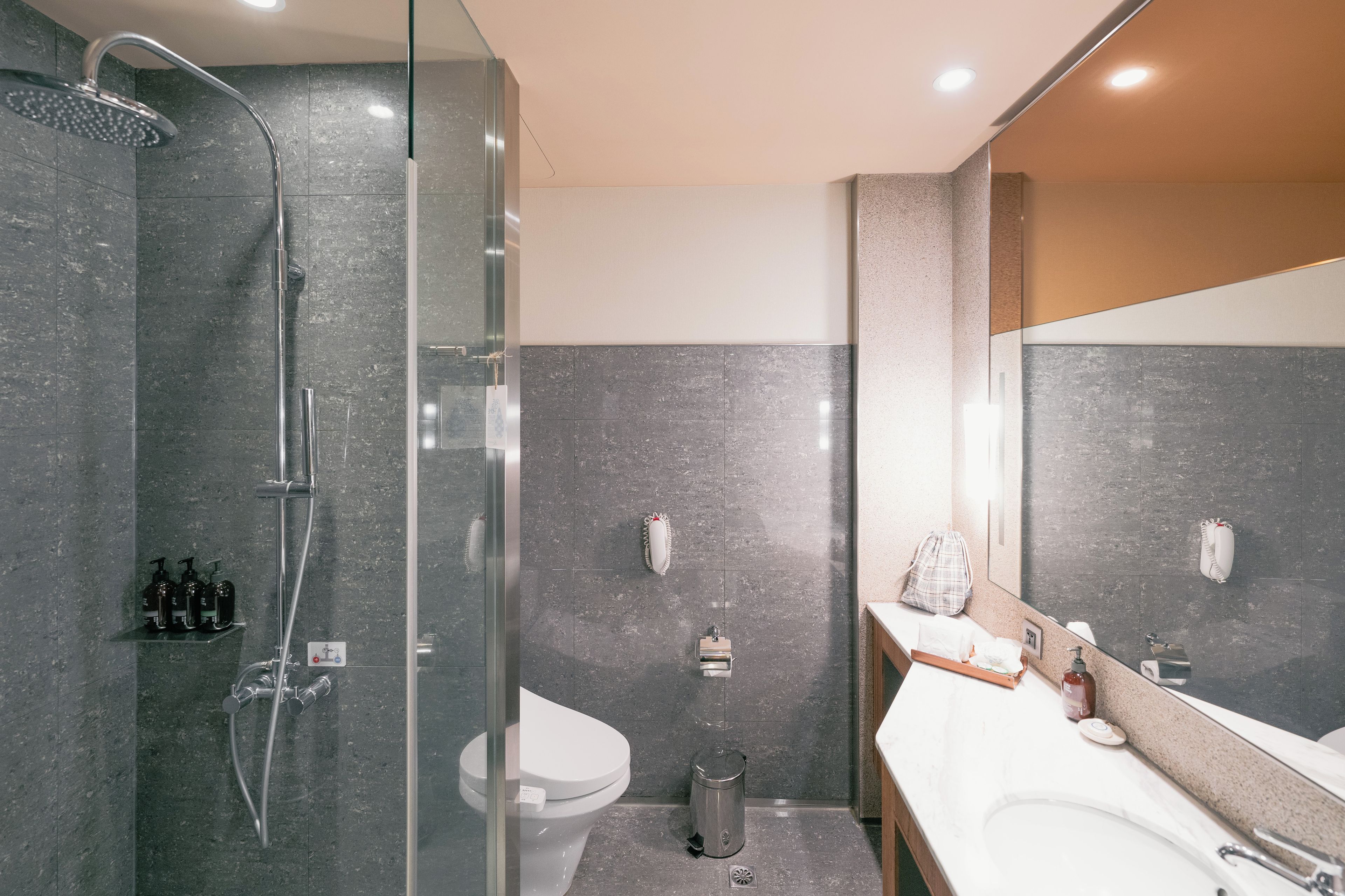 A modern bathroom with a glass-enclosed shower, a toilet, and a sink with a mirror.