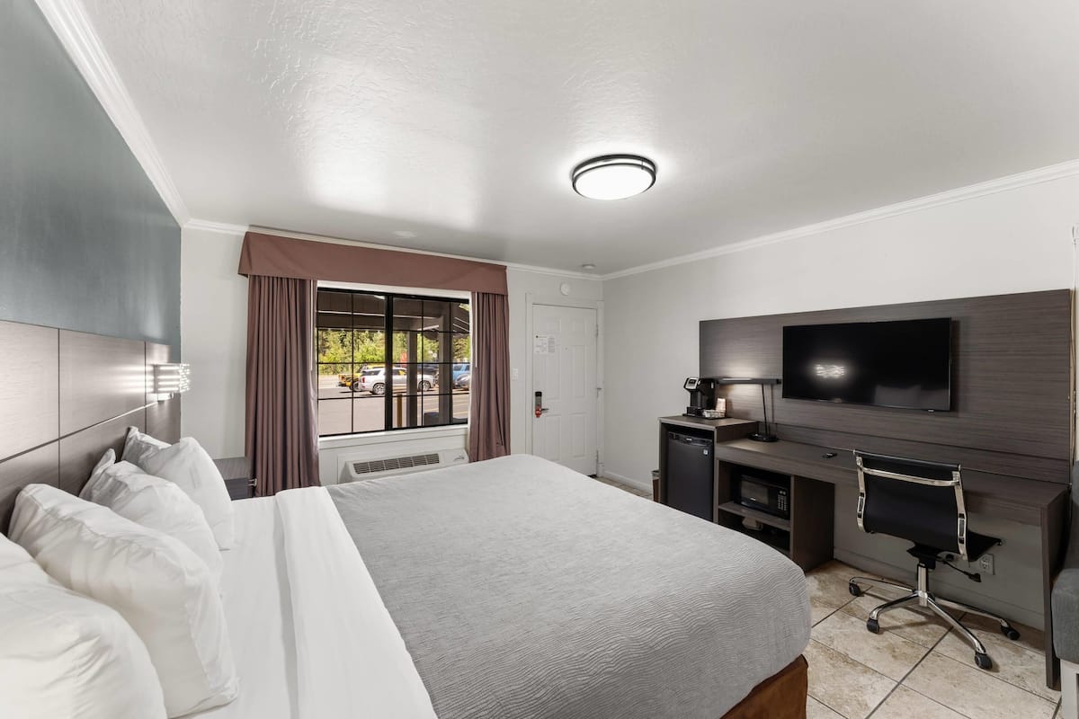 A hotel room with a bed, a desk, a TV, and a window with curtains.