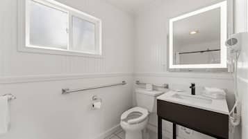 Une salle de bain équipée de toilettes, d’un lavabo, d’un miroir, d’une fenêtre et de barres d’appui.