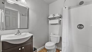 Une salle de bain équipée d’un lavabo, d’un miroir, de toilettes et d’un rideau de douche.