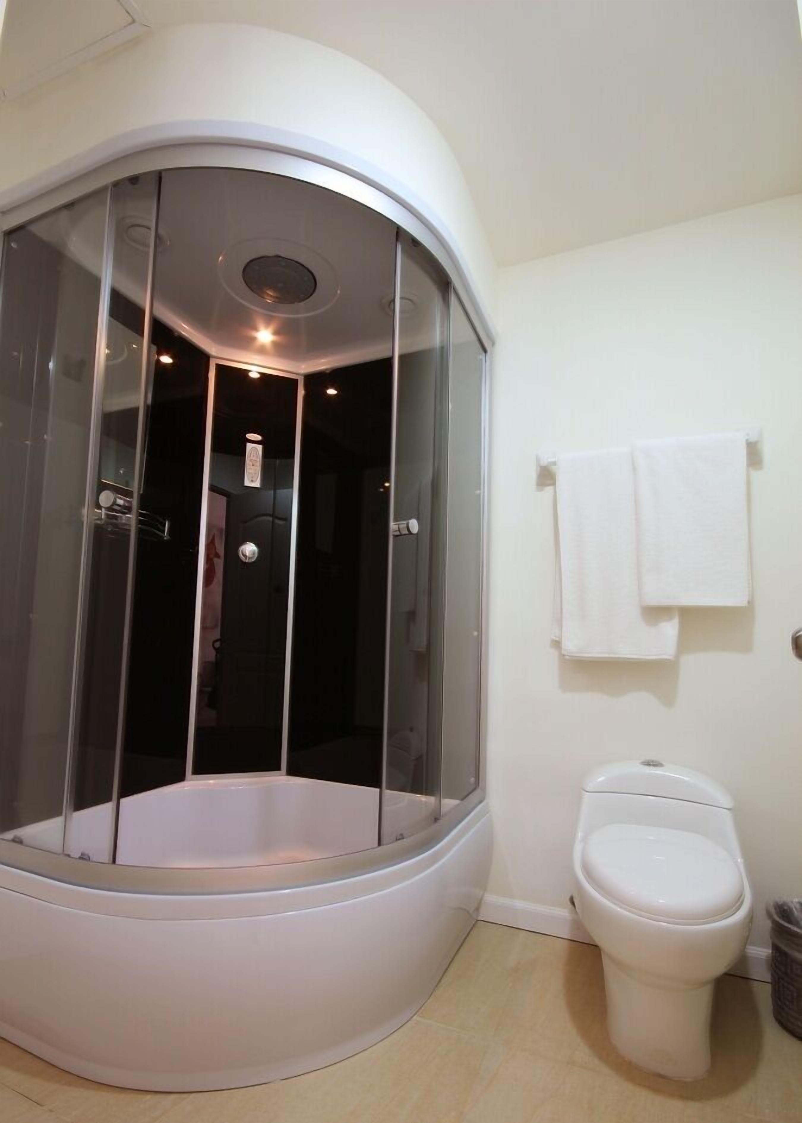 A modern bathroom with a curved shower enclosure, a toilet, and a towel rack.