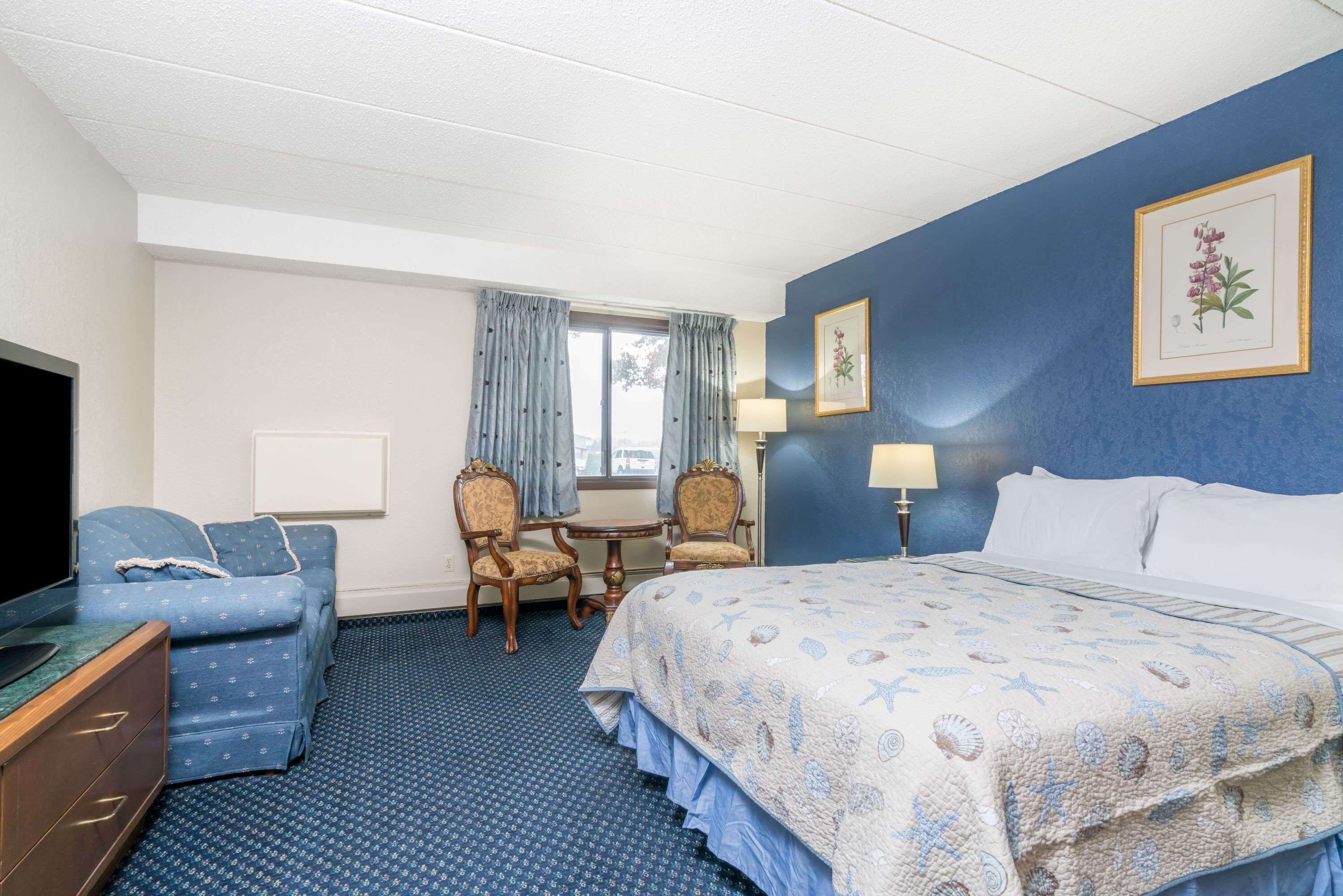 Une chambre d’hôtel avec un lit, un canapé, un bureau et une télévision.