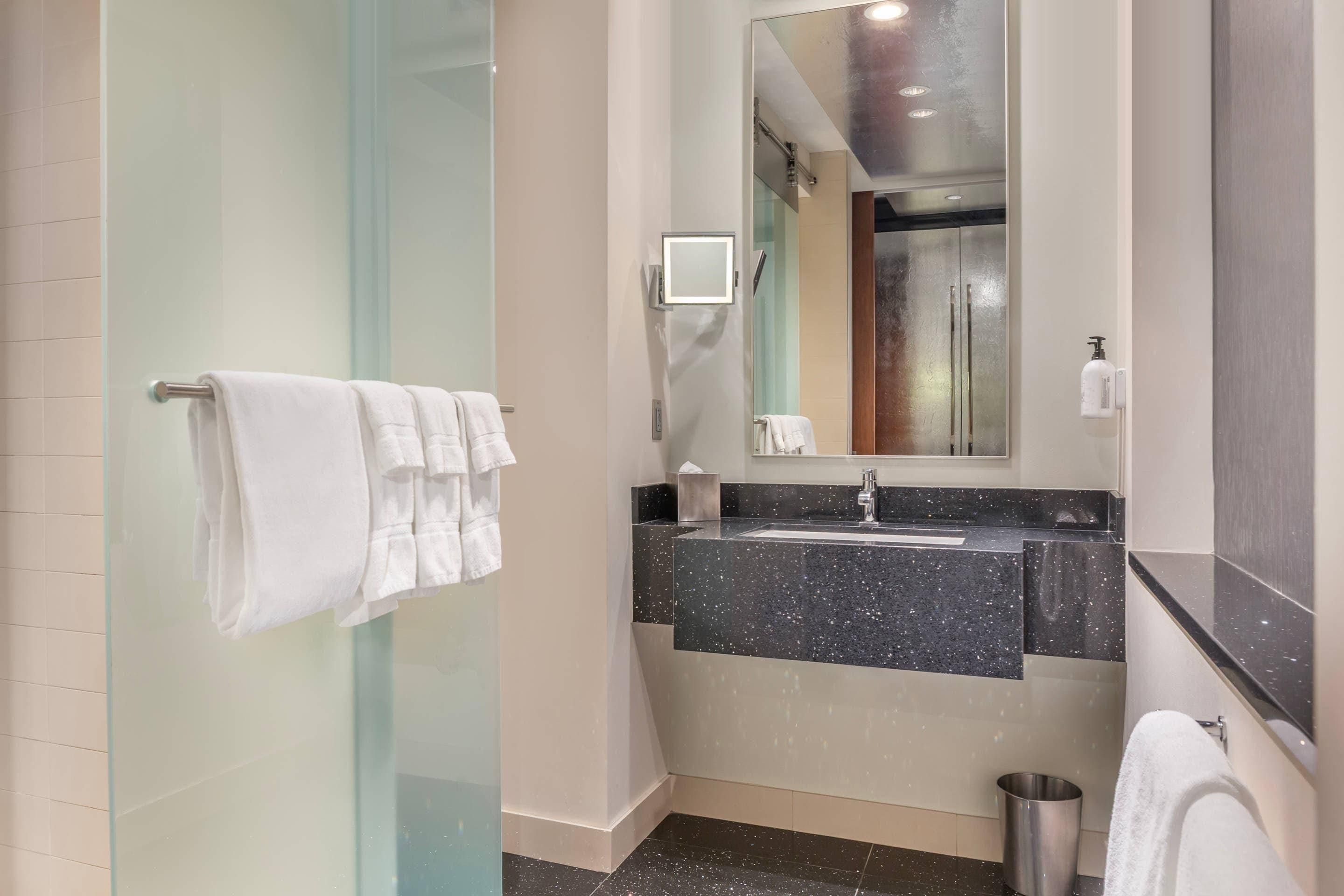 A modern bathroom with a glass shower enclosure, a sink with a black countertop, and a mirror above the sink.
