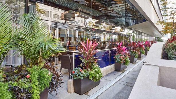 An outdoor seating area with modern furniture and potted plants.