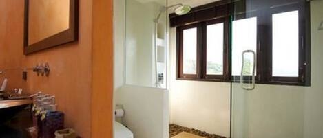 A bathroom with a glass shower enclosure, a white toilet, and a sink with toiletries.