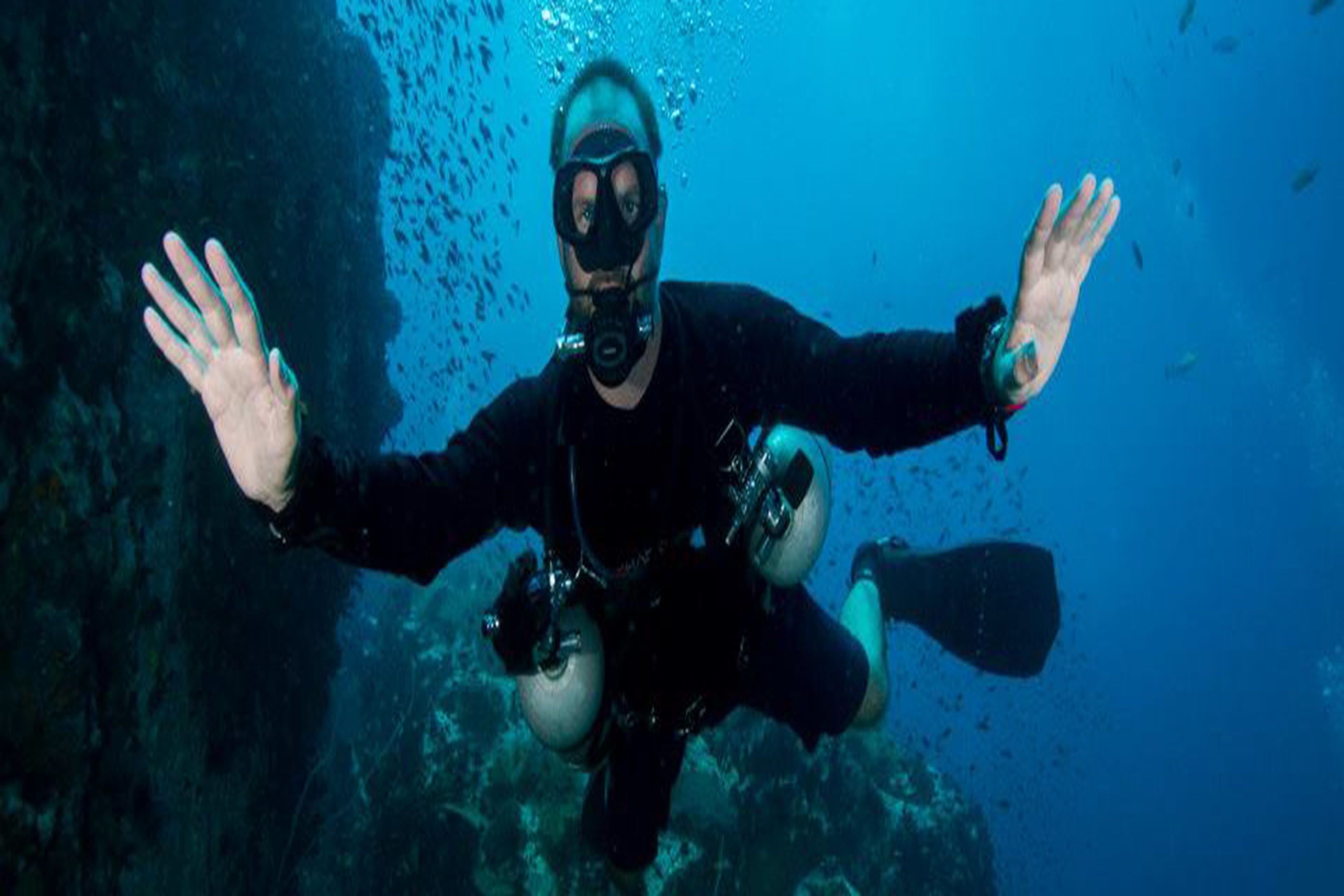 Un plongeur sous l’eau, équipé de palmes et d’un masque.