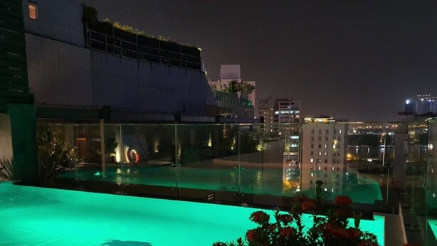 Una piscina en la azotea con barandilla de cristal, rodeada de follaje y flores.