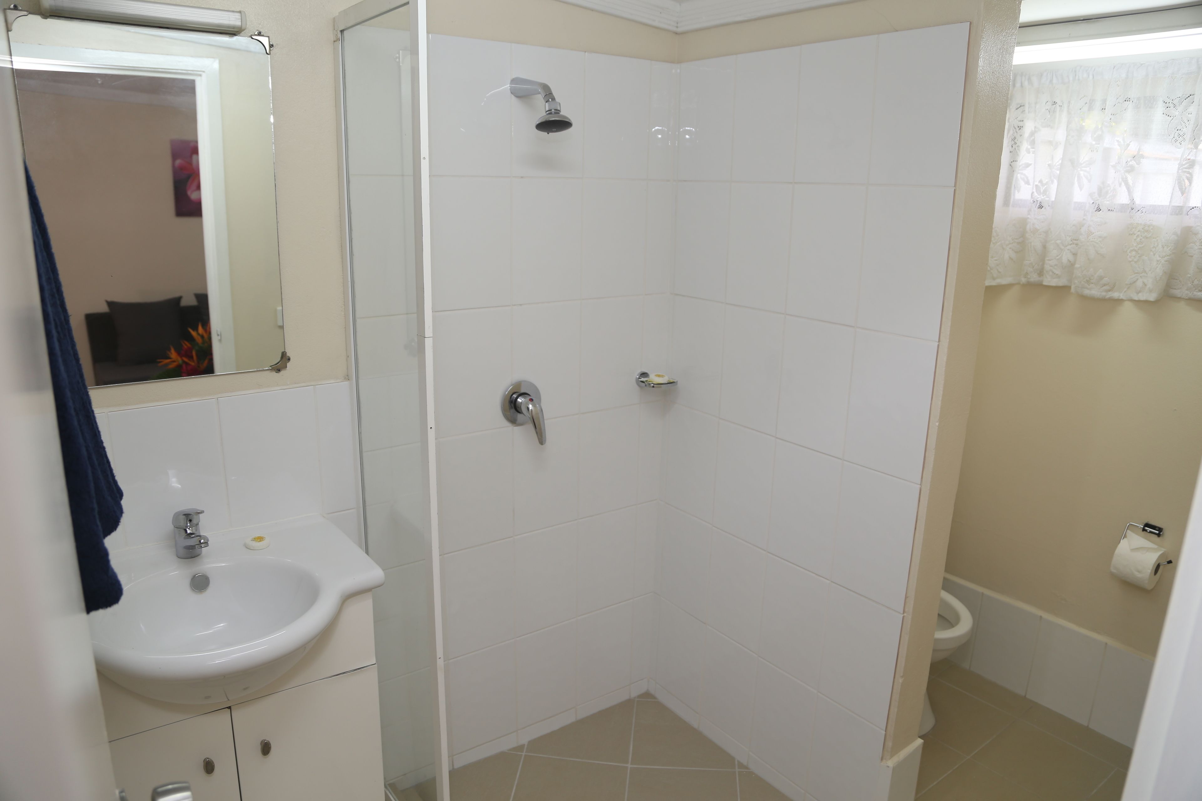 A bathroom with a sink, mirror, shower, toilet, and a towel hanging on the wall.