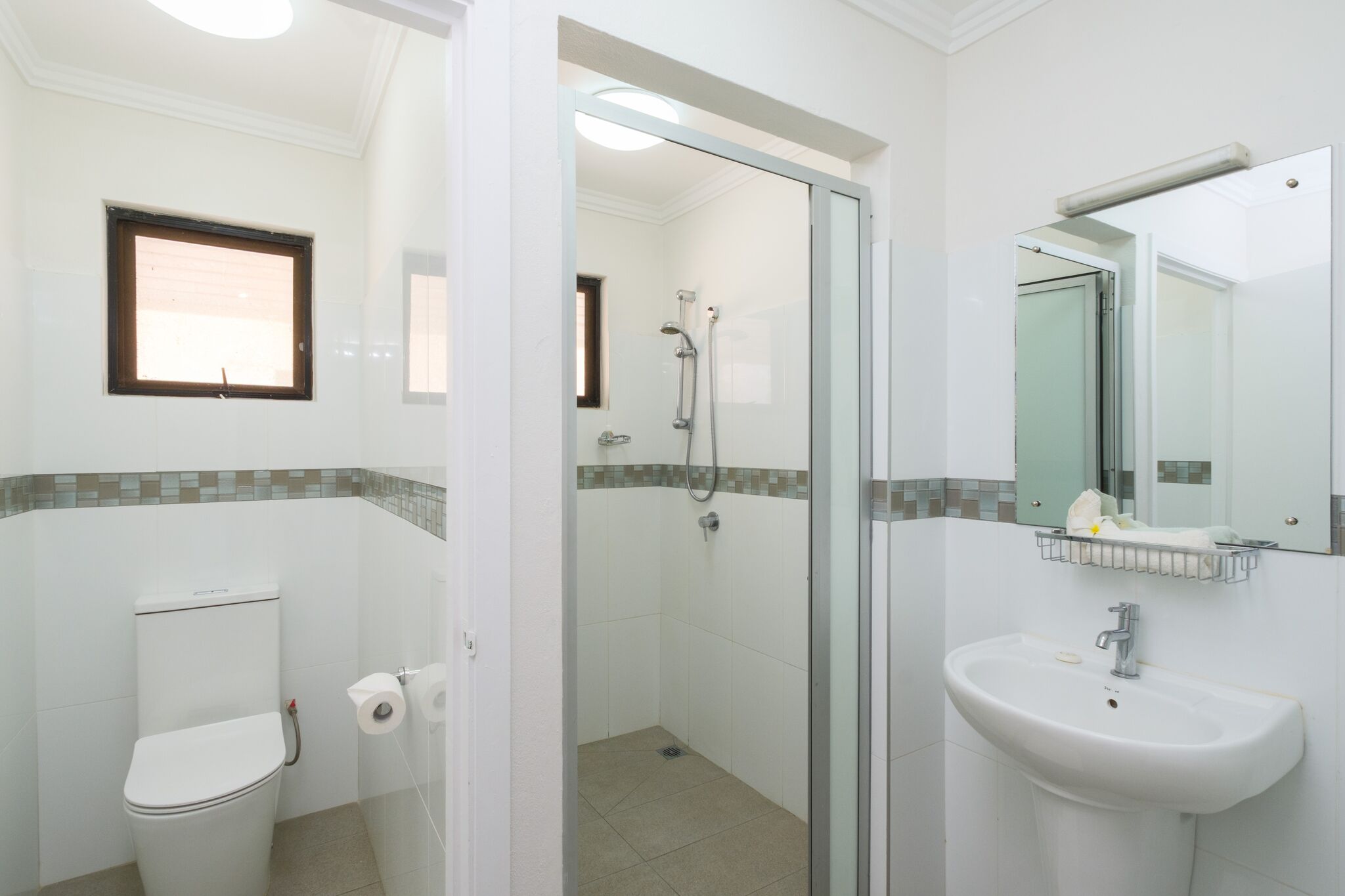 Ein Badezimmer mit Toilette, Dusche und Waschbecken.