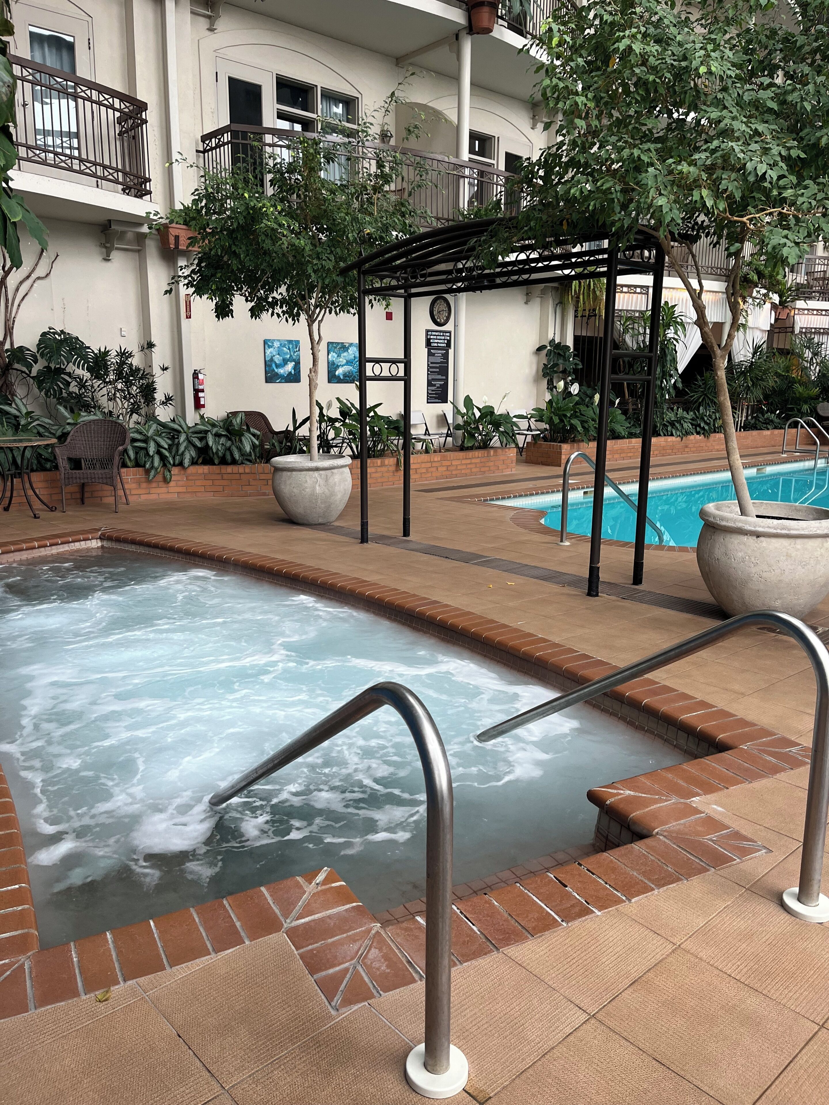 Una piscina con hidromasaje, rodeada de plantas en macetas y mobiliario de exterior.