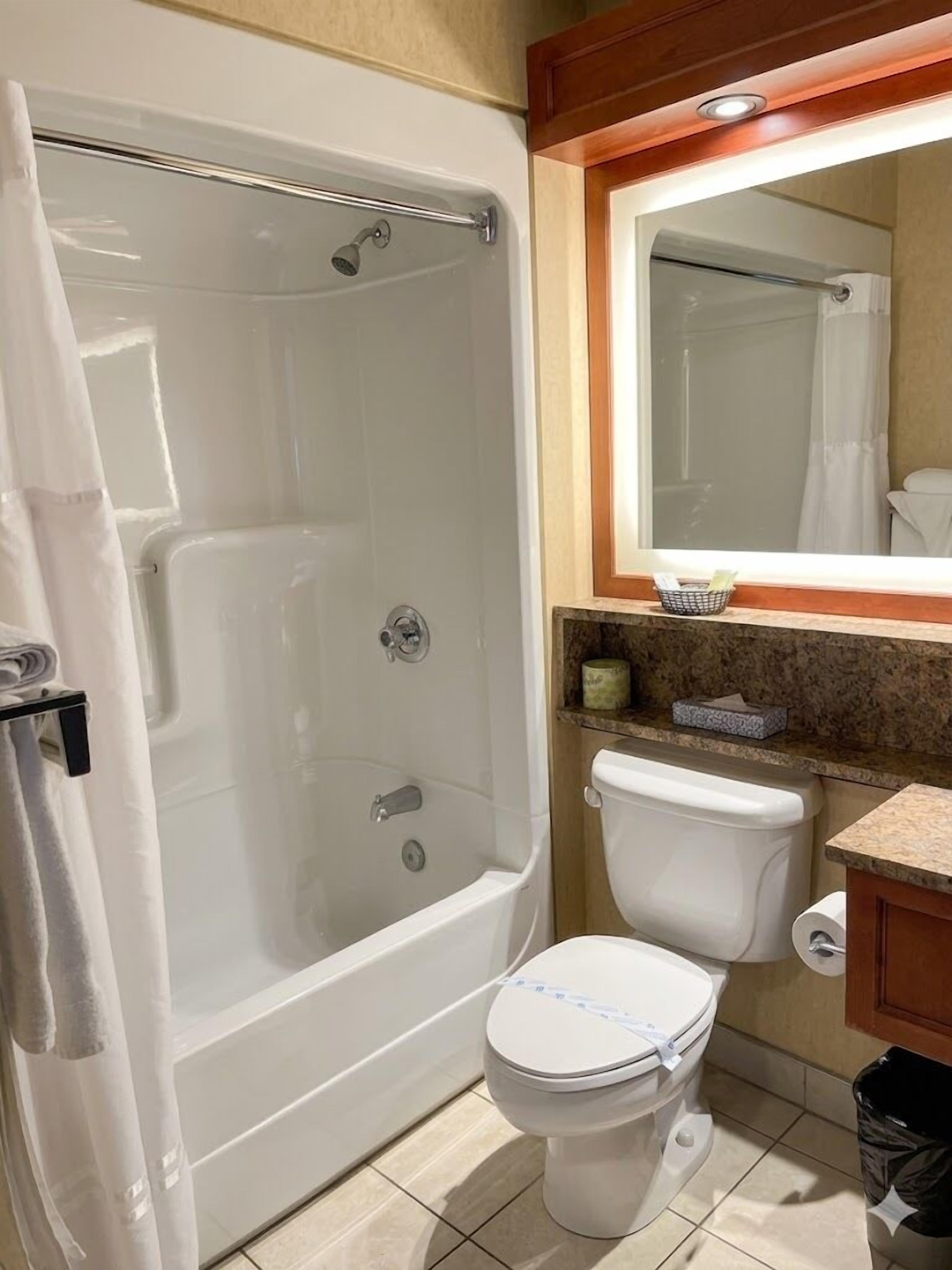 A bathroom with a bathtub, toilet, and a mirror above the sink.