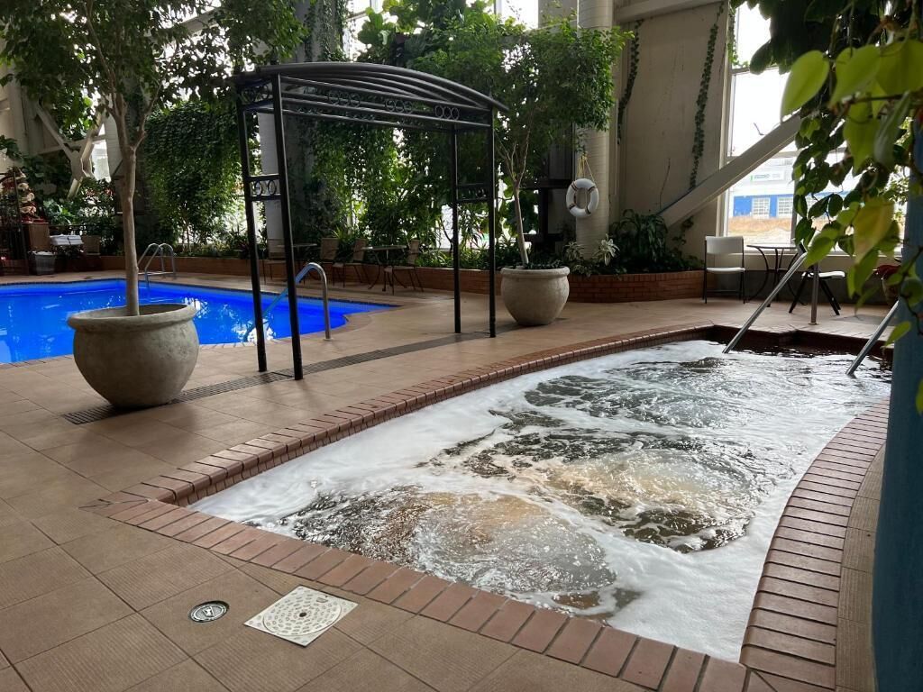 Uma área de piscina interna com hidromassagem, um espaço de estar coberto e plantas em vasos.