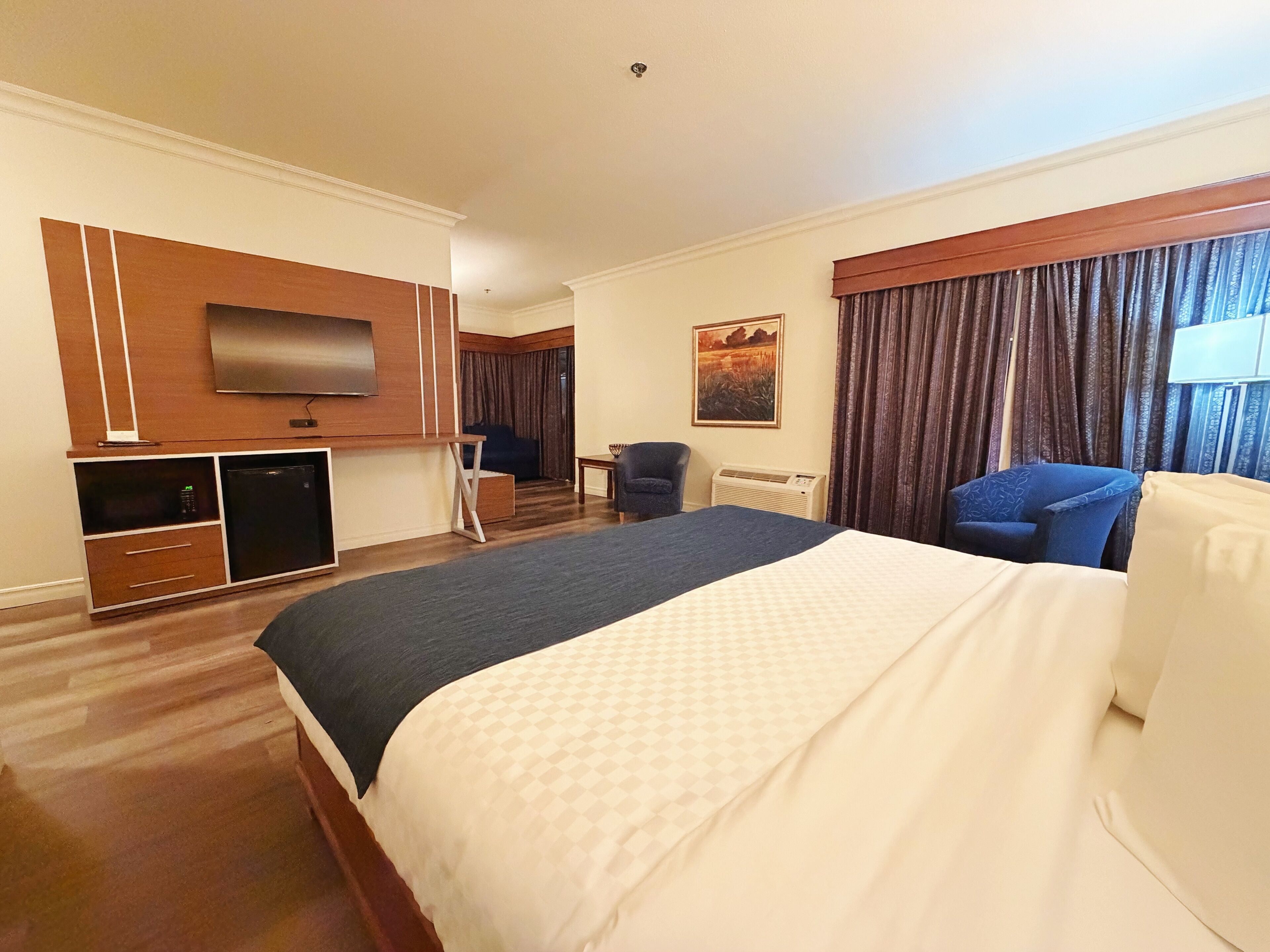 Une chambre d’hôtel avec un grand lit, un téléviseur à écran plat, un bureau, une chaise et une fenêtre avec des rideaux.