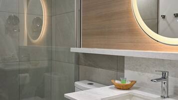 A modern bathroom with a glass shower enclosure, a toilet, a vanity with a mirror, and a sink.