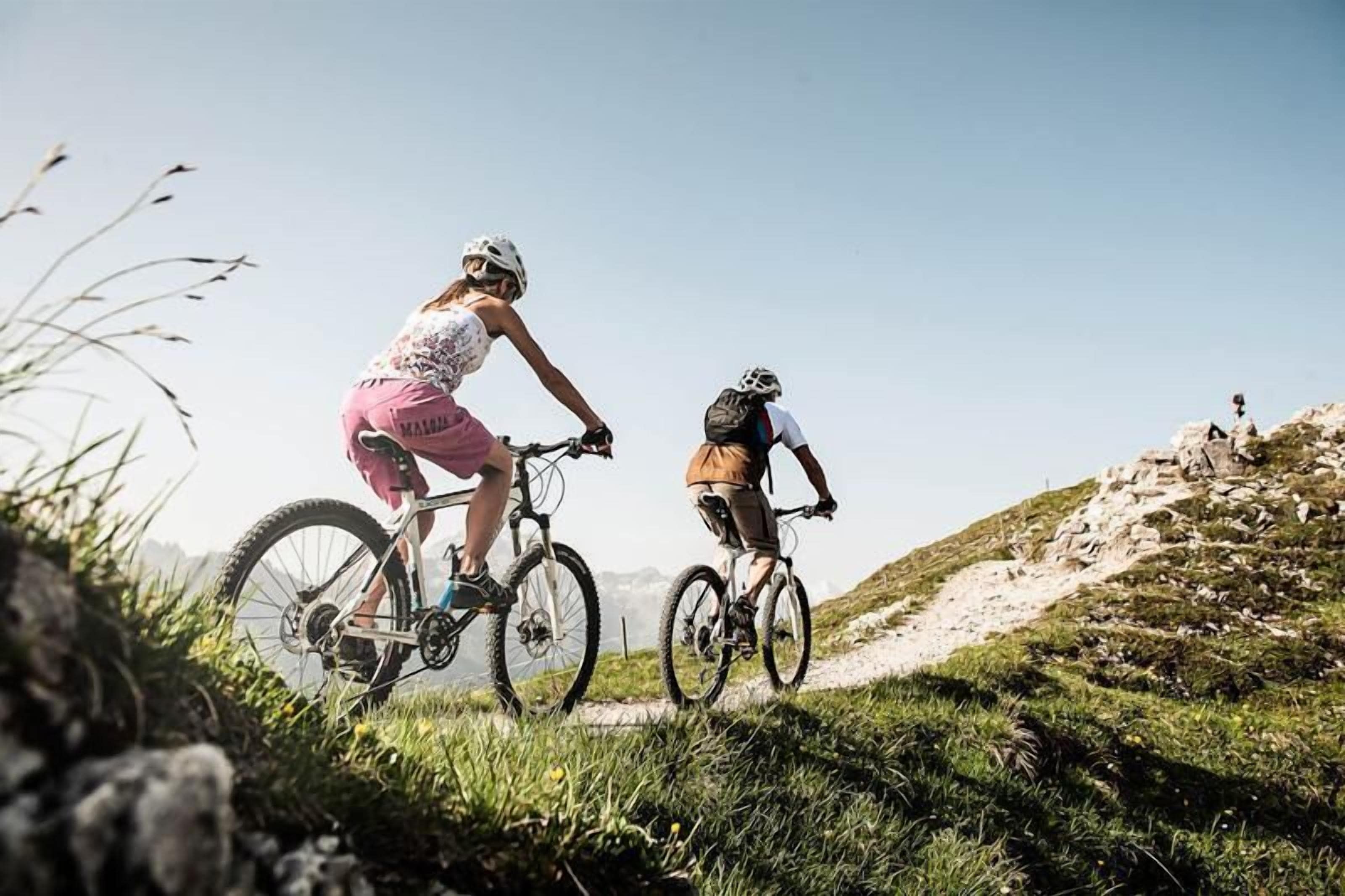 Two people riding bicycles on a dirt path surrounded by grass and rocks.