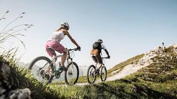 Two people riding bicycles on a dirt path surrounded by grass and rocks.