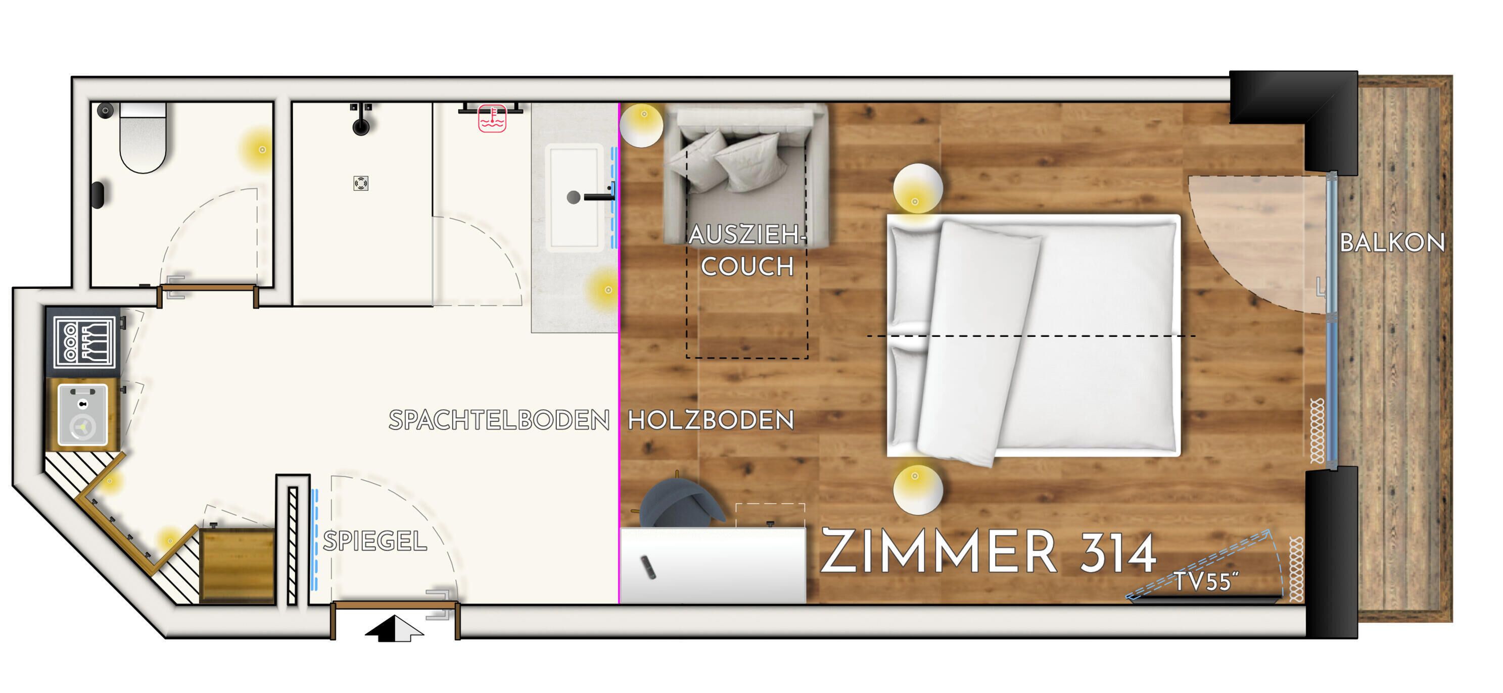 Ein Hotelzimmer mit Balkon, einer Sitzecke, einem Fernseher und einer kleinen Küchenzeile.