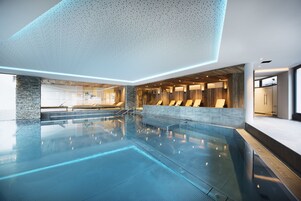 Indoor pool, outdoor pool, pool umbrellas, sun loungers