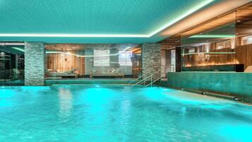 Indoor pool, outdoor pool, pool umbrellas, sun loungers