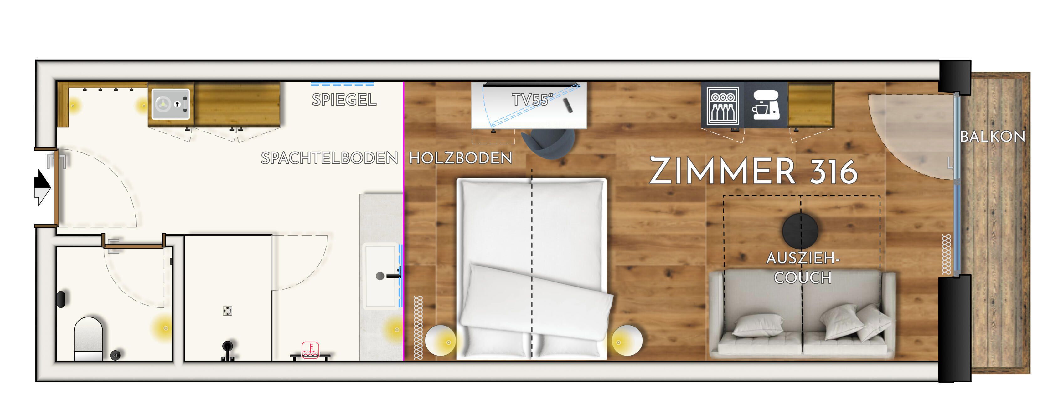 A floor plan of a hotel room with a TV, kitchenette, balcony, and a couch.