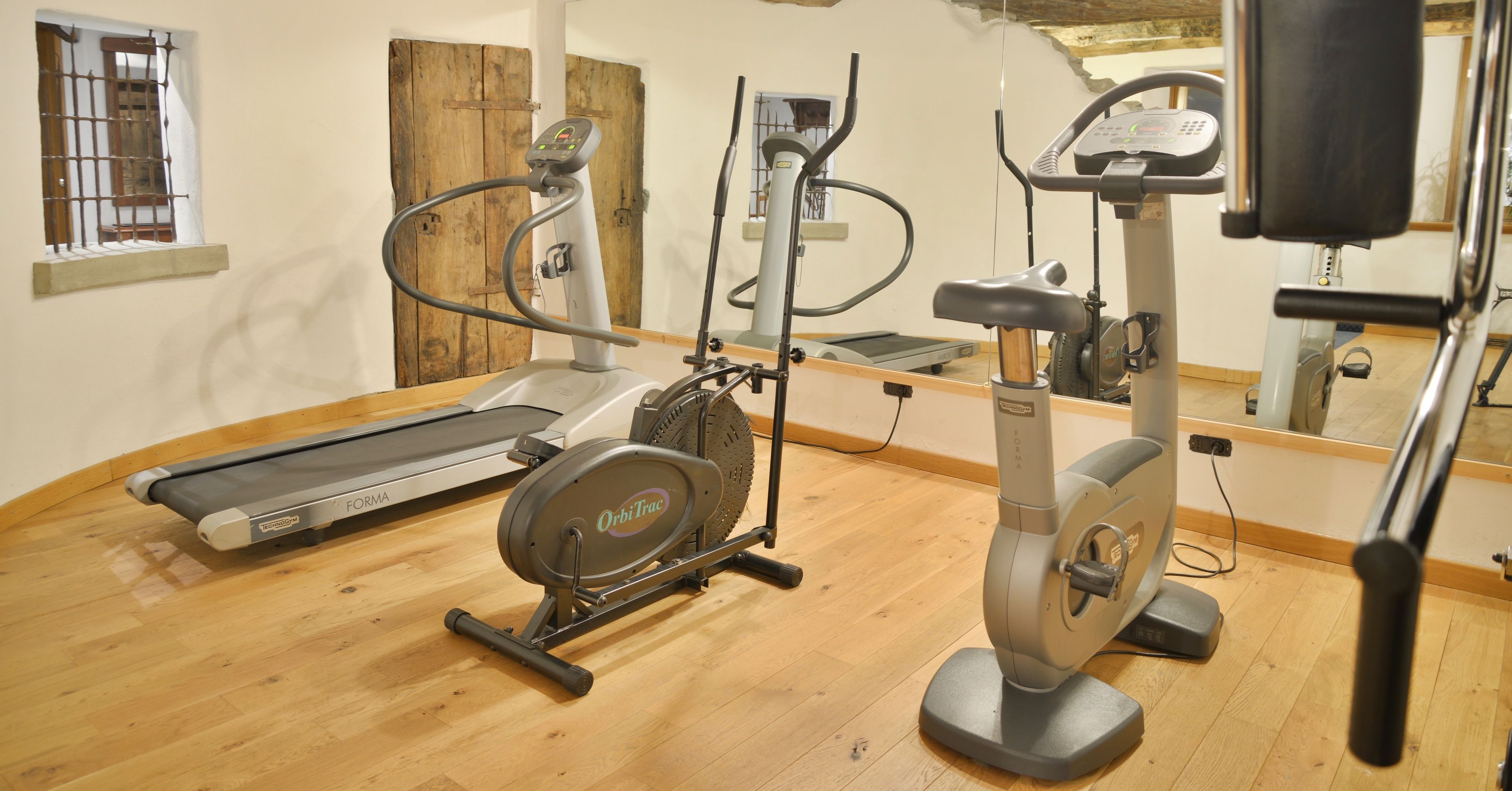 A gym with a treadmill, elliptical, and stationary bike.