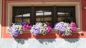 A window with three flower boxes containing purple, pink, and white flowers. - Hotel Meeting (Livigno)