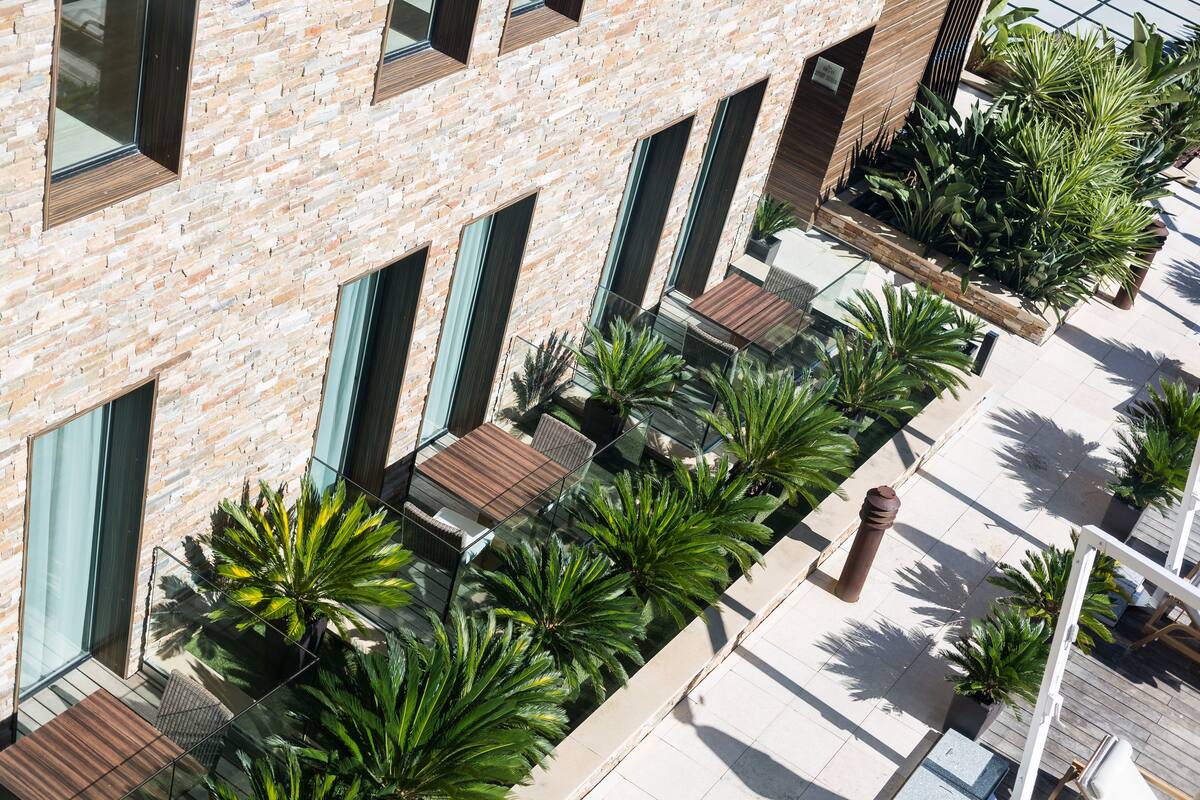 Un edificio moderno con fachada de ladrillo, ventanas amplias y un jardín en la azotea con diversas plantas.