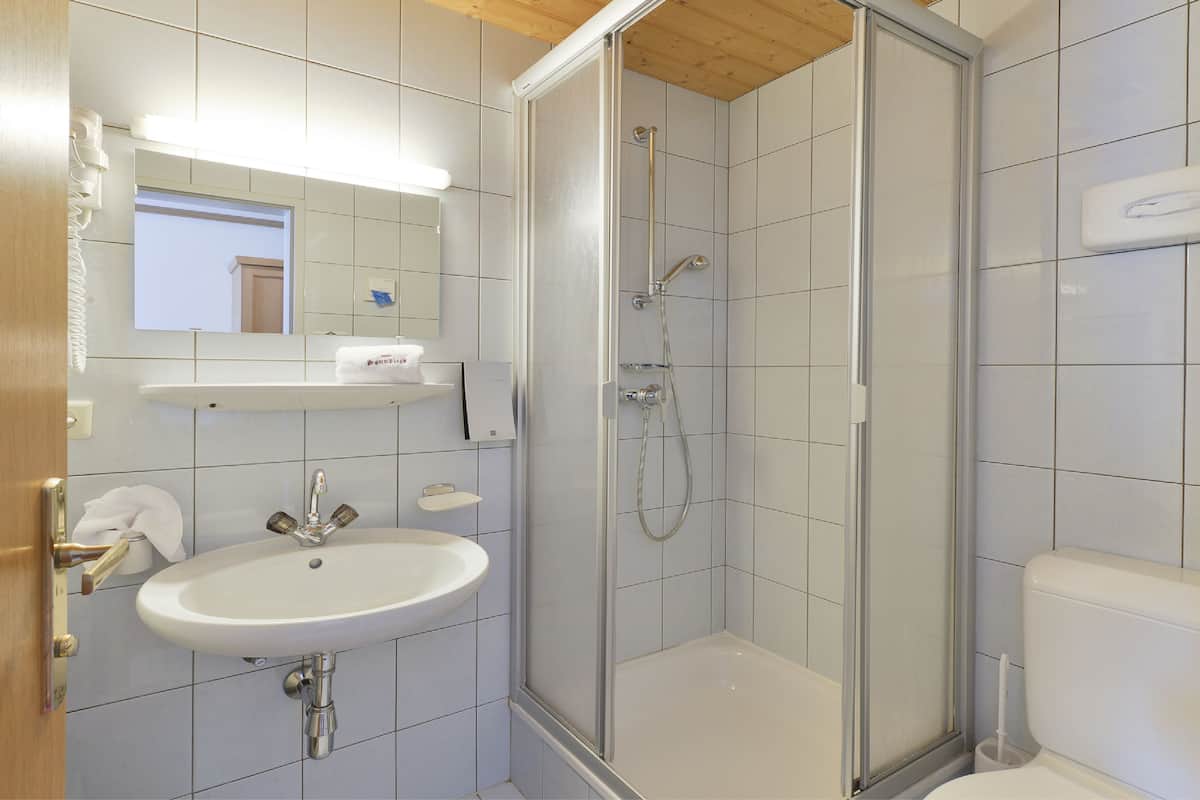 classic single room, mountain view | bathroom | shower, hair dryer, towels