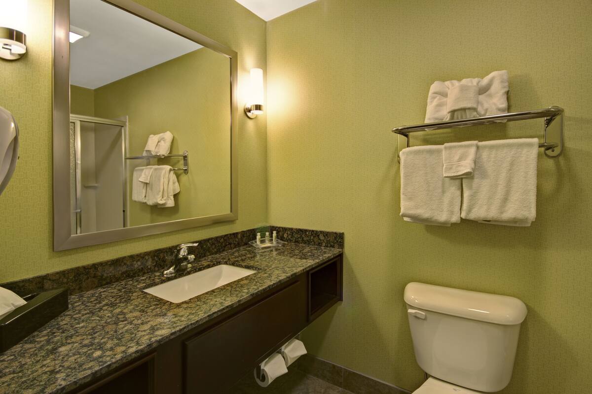 A bathroom with a granite countertop sink, a mirror, a towel rack with towels, and a toilet.