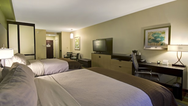 Una habitación de hotel con dos camas, un escritorio, un televisor y una lámpara de escritorio.