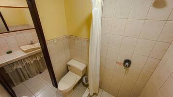 Un baño con inodoro, lavamanos y ducha.
