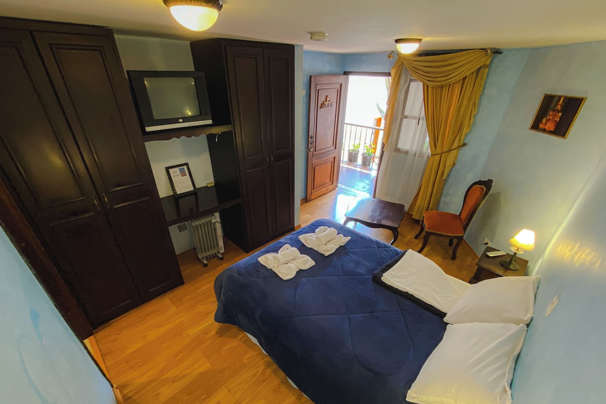 Un dormitorio con cama, escritorio, silla, radiador, televisor y ventana con cortinas.