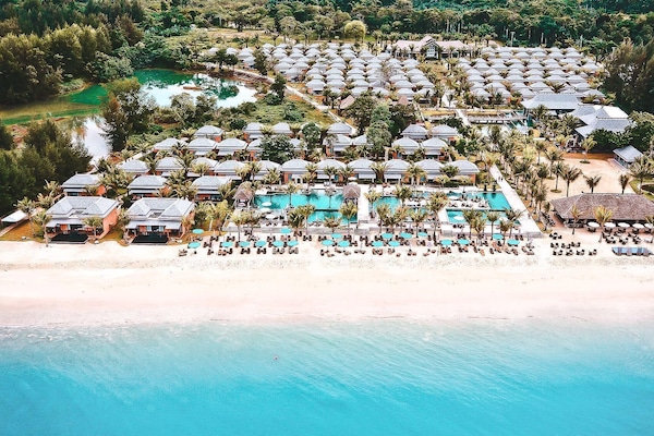 En la playa, sillas reclinables de playa, sombrillas, bar en la playa