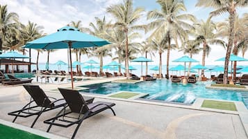 Outdoor pool, pool umbrellas, pool loungers